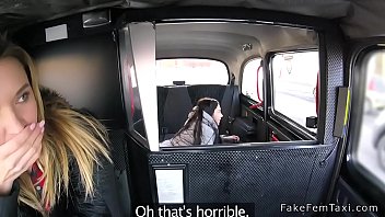 Strap on lesbian fuck in fake taxi