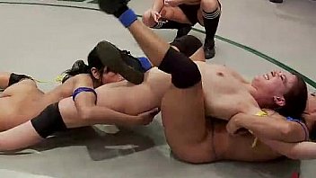 Four babes wrestle and fuck on mats
