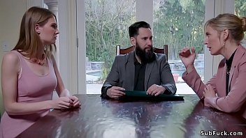 Blonde slut Mona Wales and step sister Ashley Lane reading will of their dad together with lawyer Tommy Pistol who later in bondage fucking them