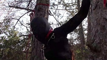 Laura on Heels model step sister bound in the wood, masked, hooded and ball gagged, fucked with no mercy