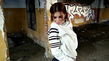 Sexy girl fucks in an abandoned house and gets cum in her panties