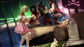 Sweet blonde MILF got talked into having fun with a group of pirates so these girls started sucking some cocks together before getting their tight holes plowed.
