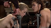 Master The Pope bound two hot submissive lesbians brunette Holly Michaels and blonde Jeze Belle in doggy position face to face and vibed their twats on device bondage